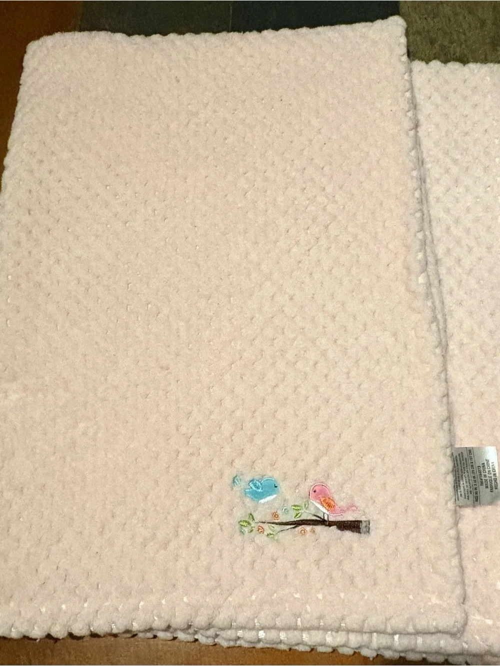 Plush Pink Baby Blanket with Embroidered Birds